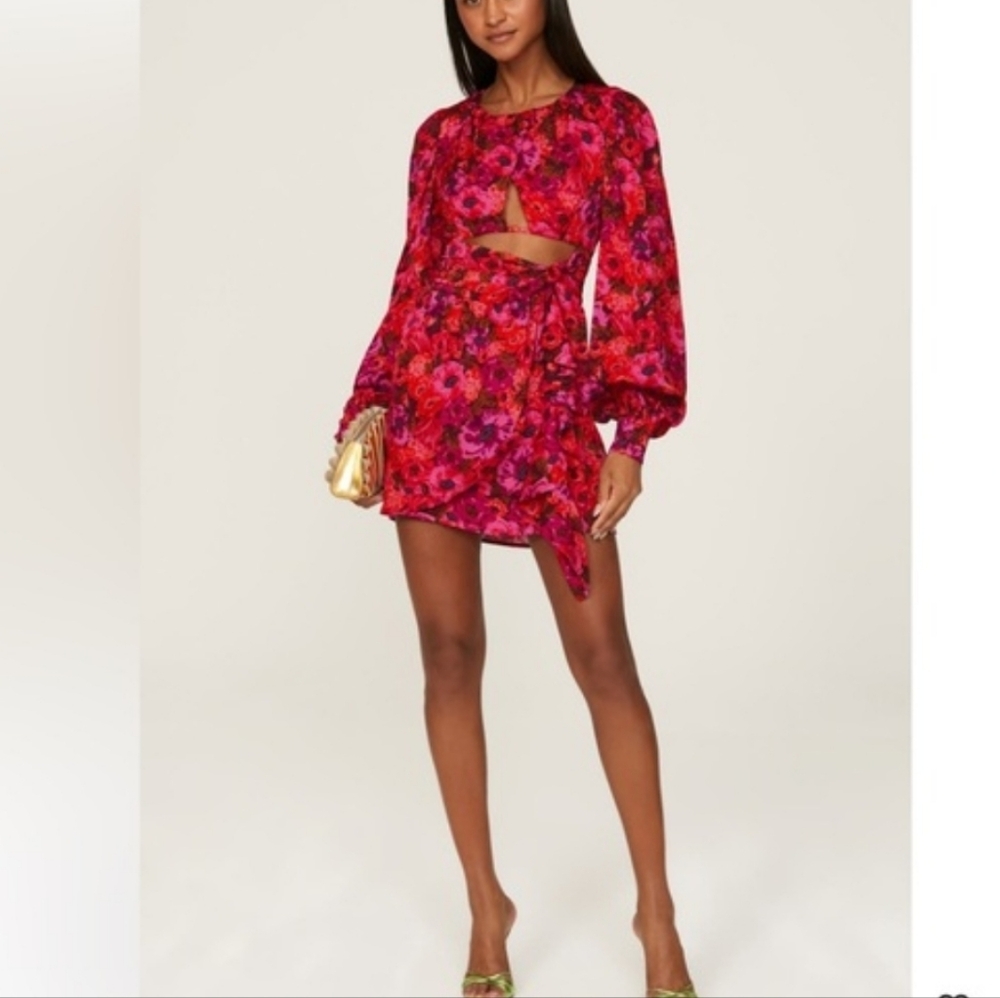 For Love And Lemons Red&Pink Floral Mini Dress with cut out design size XXS NWTS